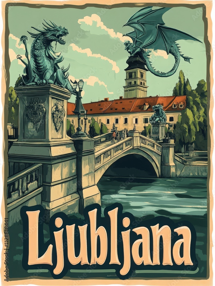 The artwork showcases a picturesque view of Ljubljanas famous dragon bridge, featuring ornate dragon statues. The serene river reflects the charming architecture nearby under a clear sky.