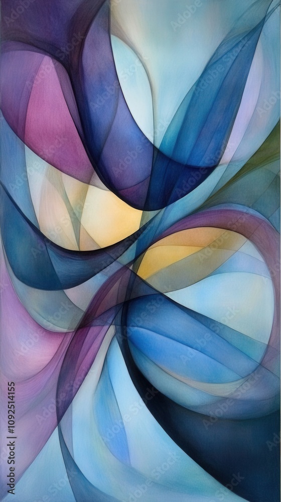 The artwork showcases a vibrant composition of swirling curves in shades of blue, purple, and yellow. The smooth transitions create a sense of movement and depth, inviting contemplation.