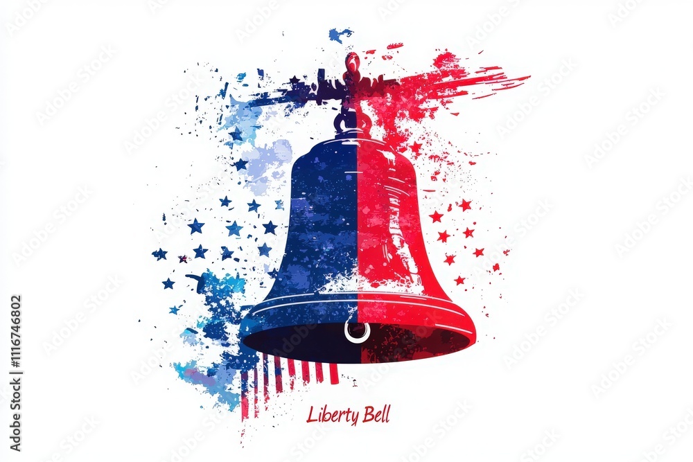 The artwork showcases the Liberty Bell, a prominent symbol of American heritage, prominently featuring red, white, and blue hues along with stars, evoking patriotism and history.