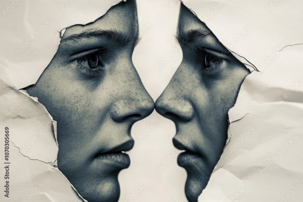 The artwork shows two faces separated by torn edges, portraying a deep connection and emotional expression. Each face gazes intently, suggesting a complex story behind their separation.