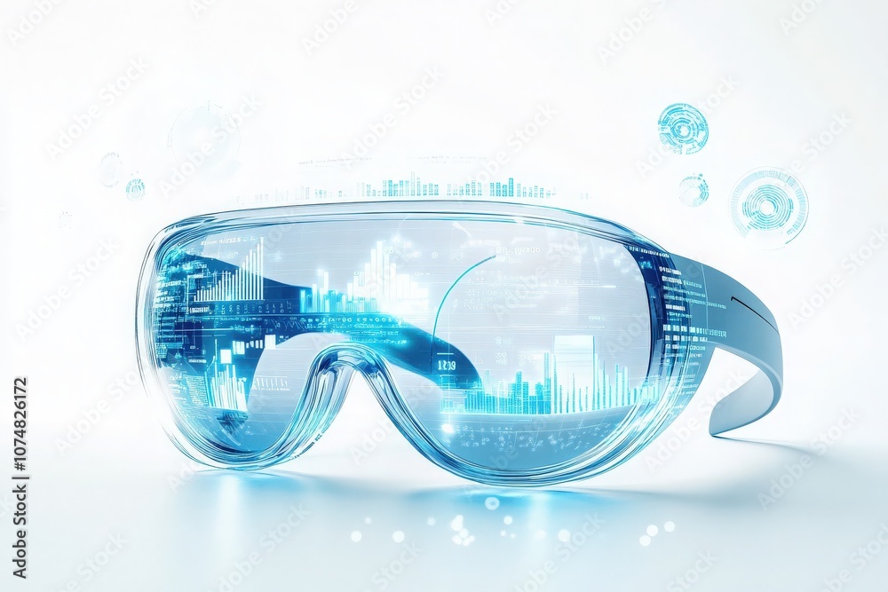 The augmented reality headset sits alone, showcasing a futuristic design that includes digital data and graphics. The minimalist background emphasizes the innovative technology featured.