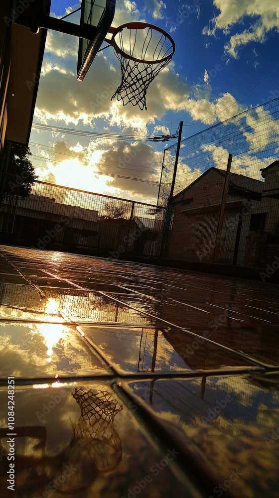 The basketball hoop stands tall against a vibrant sky at sunset, reflecting in the wet court below. A ball rests nearby, adding to the serene atmosphere of the scene.