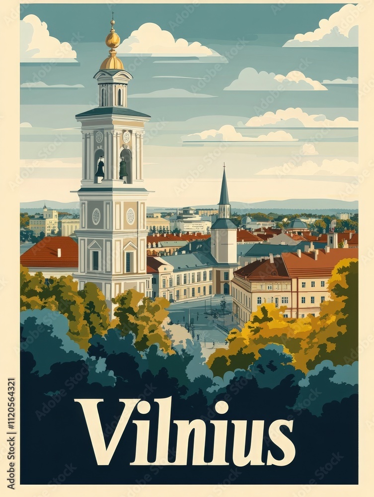 The beautiful skyline of Vilnius, showcasing its iconic tower, lush greenery, and charming architecture under a bright sky. A perfect blend of history and nature.