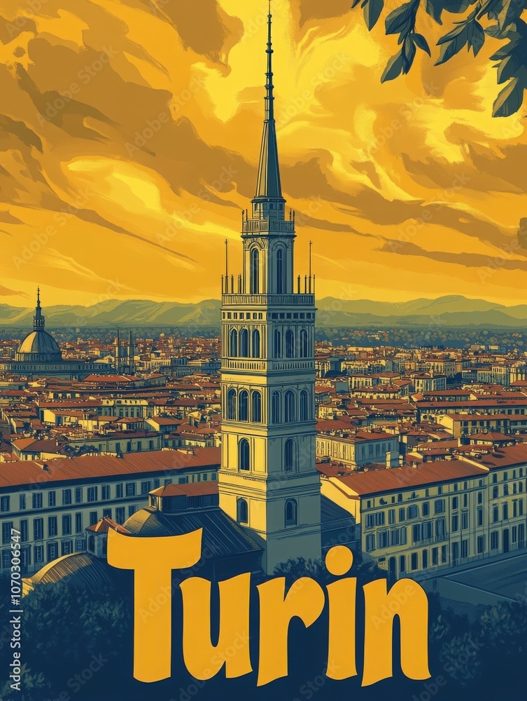 The beauty of Turin with its distinctive skyline, showcasing architectural landmarks under a warm golden sky. A perfect representation of travel nostalgia and city allure.