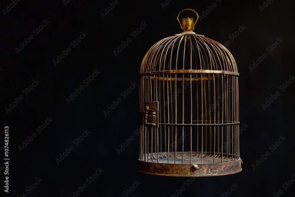 The birdcage hangs quietly, its door fully open, suggesting freedom. The metal bars are aged and worn, contrasting with the deep, shadowy background.