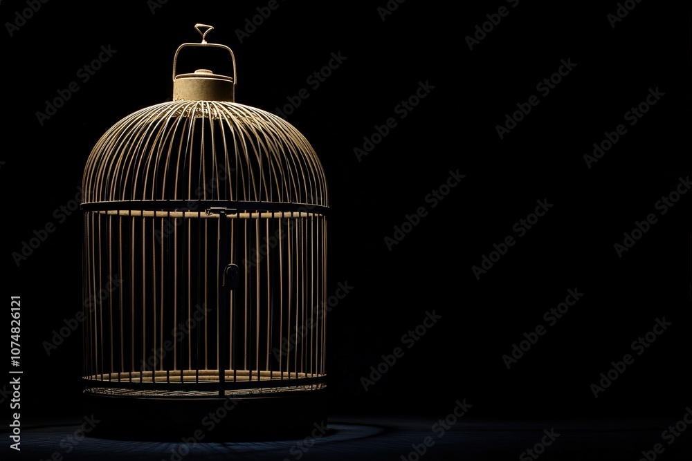 The birdcage stands alone in a dimly lit area, its door ajar, symbolizing freedom and the absence of a bird. The soft light highlights its intricate design and emptiness.