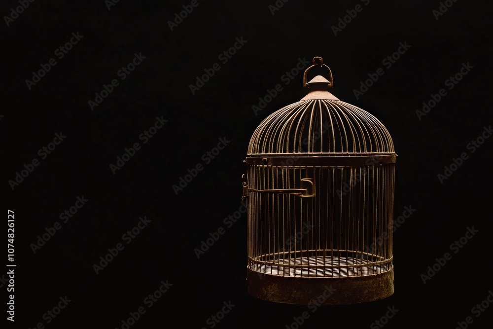 The birdcage stands empty with its door fully open, suggesting a message of freedom and opportunity. Its metallic structure contrasts against the dark background, enhancing its significance.