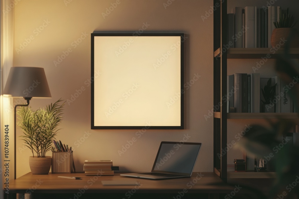 The black square frame hangs on a wall in a warm, inviting workspace. A laptop and plant sit nearby on a wooden desk, suggesting a creative atmosphere during evening hours.