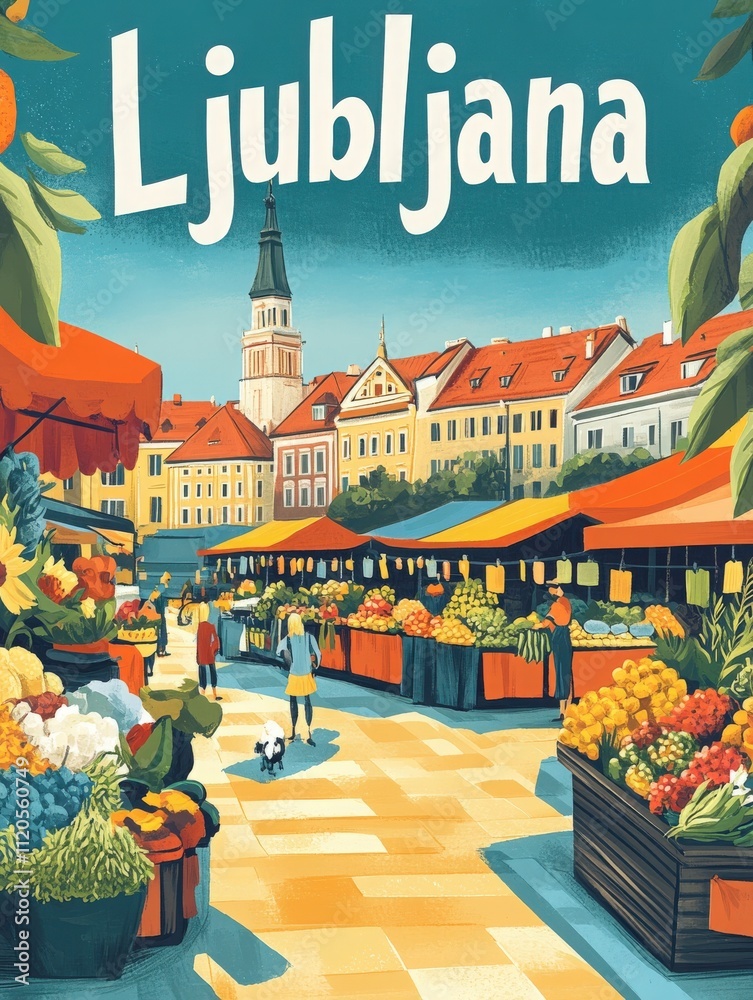 The bustling market in Ljubljana features an array of fresh produce, vibrant flowers, and local goods. Visitors stroll through the lively stalls, capturing the essence of the citys culture.