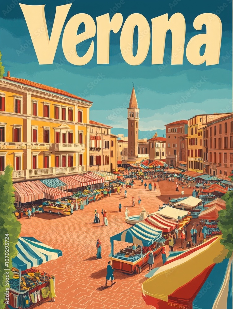 The bustling market square in Verona comes alive with colorful stalls, shoppers, and charming architecture.