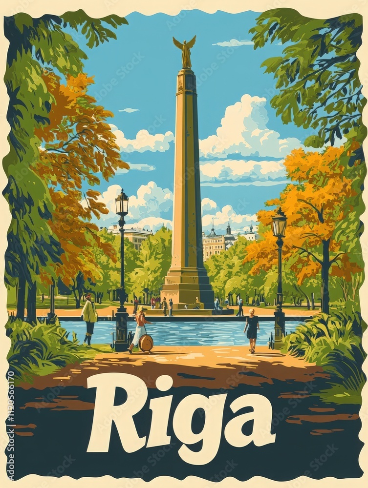 The central monument in Riga stands tall amidst colorful foliage while visitors enjoy leisure activities in the park. A tranquil pond reflects the clear autumn sky, enhancing the scenery.