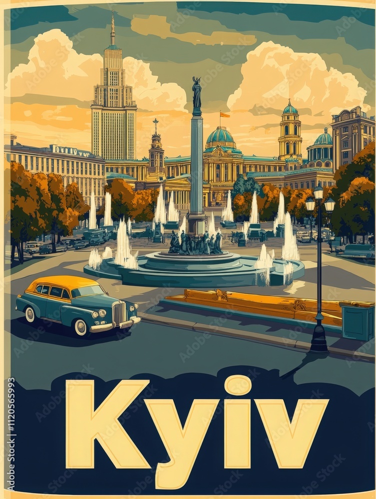 The central square of Kyiv features majestic fountains and vintage cars, surrounded by beautiful historic buildings. The sky is filled with warm hues, creating a picturesque atmosphere.