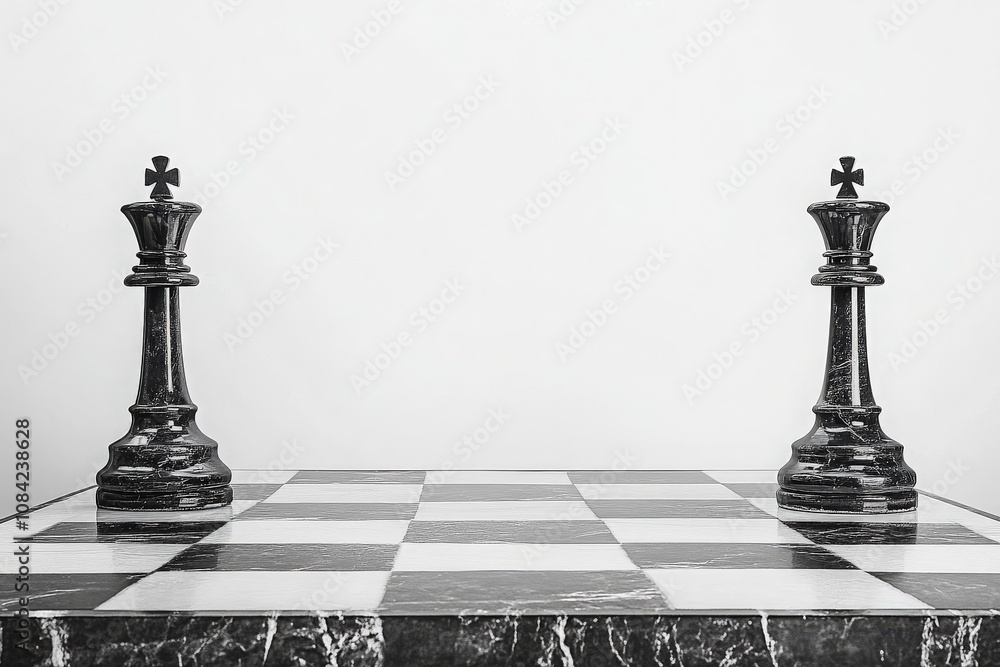 The chessboard features two kings positioned on opposite sides, both lying down, in a modern minimalist environment. The neutral backdrop highlights the chess pieces, focusing on their elegant design.