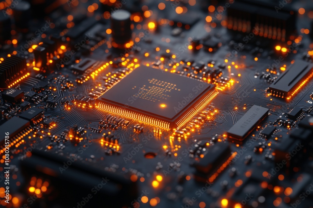 The circuit board displays a detailed arrangement of various electronic components illuminated by vibrant orange lights. The intricate pathways and connections enhance the technological design.