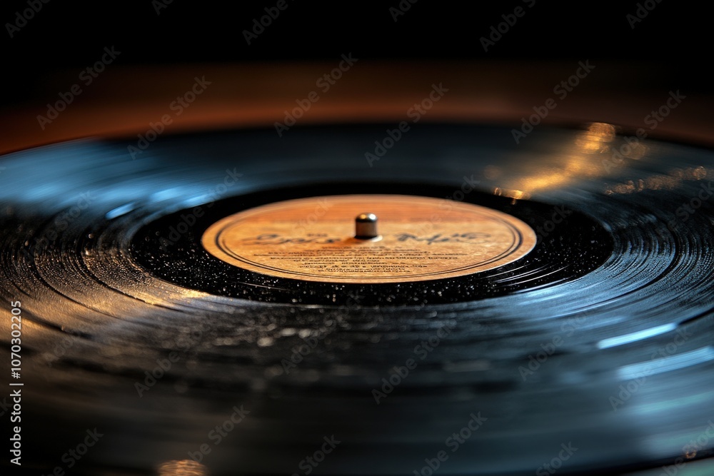 The circular surface of a vintage vinyl record is highlighted, revealing its detailed grooves and a central label. The photograph captures a nostalgic feel, enhanced by soft, ambient lighting.