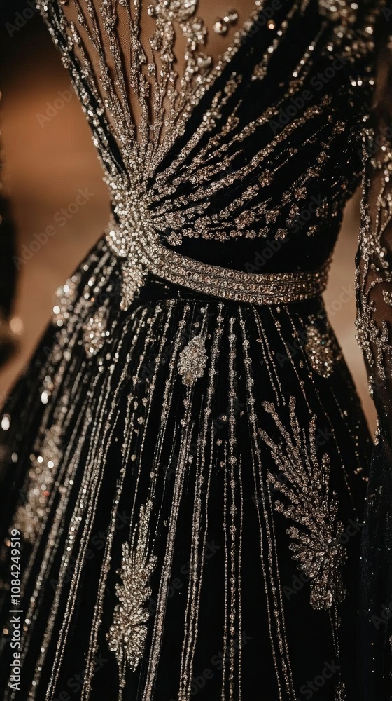 The close-up reveals exquisite details of a haute couture dress, featuring intricate beadwork and embellishments that enhance the elegant black fabric.