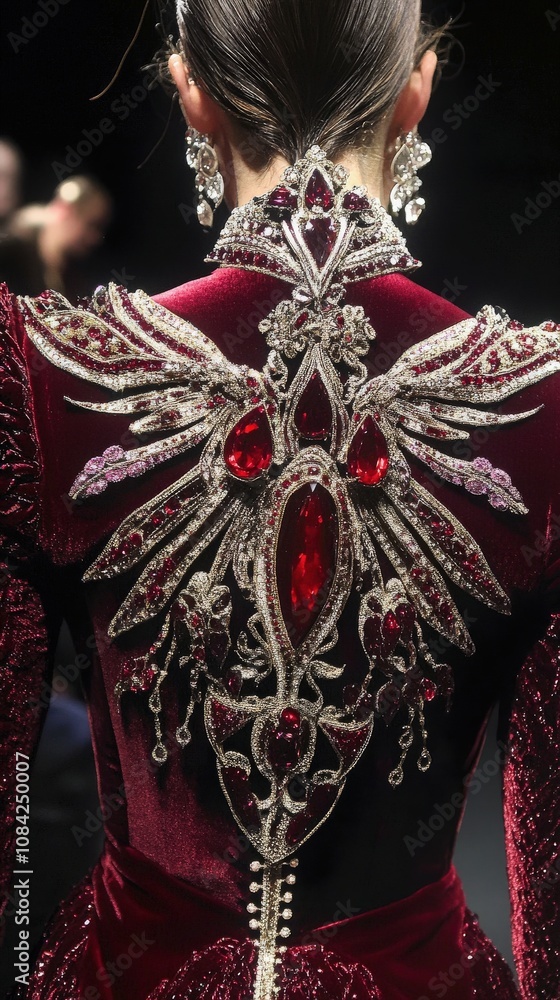 The close-up reveals exquisite details of a haute couture garment featuring ornate designs, shimmering jewels, and rich textures. This stunning craftsmanship captures the essence of luxury fashion.