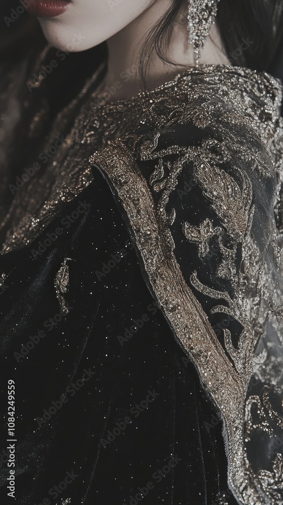 The close-up reveals exquisite embroidery and detailed embellishments on a haute couture garment, highlighting the craftsmanship and opulence involved in fashion design.