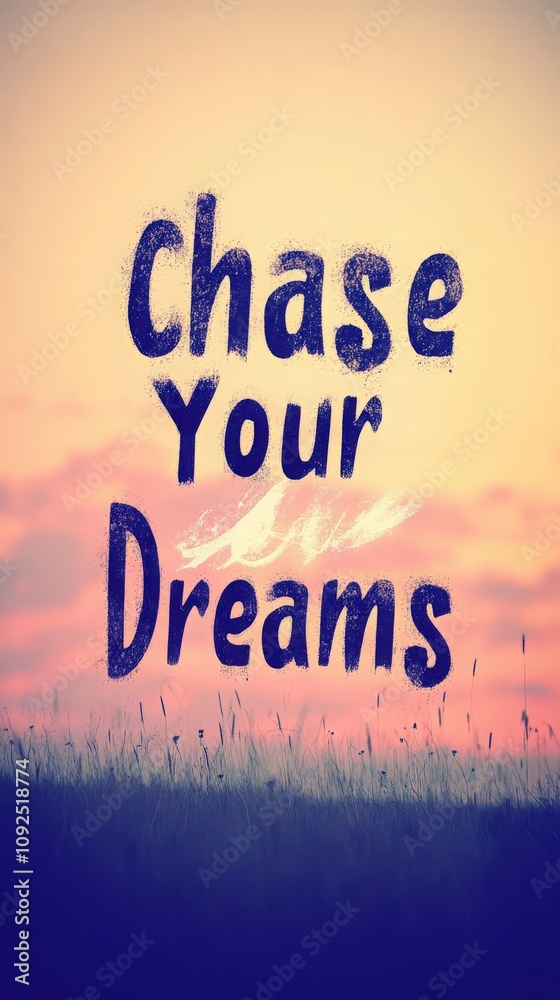 The colorful sky at sunset displays shades of purple, orange, and pink, while the words Chase Your Dreams stand boldly in the foreground, inspiring hope and motivation in viewers.