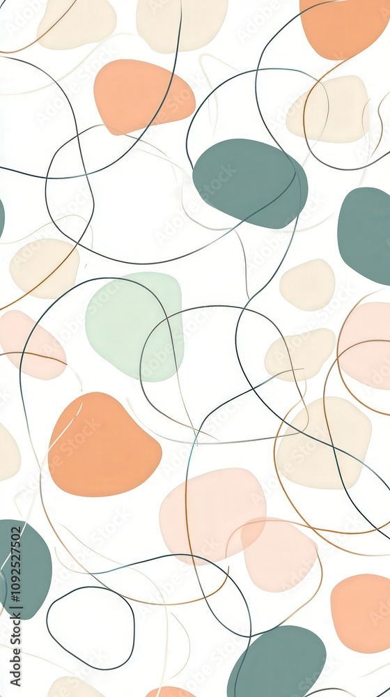 The composition showcases a vibrant arrangement of irregular shapes in soft colors, interspersed with thin, flowing lines. This artistic design provides a modern and fresh aesthetic.