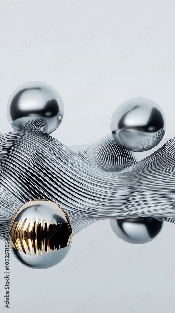 The composition showcases three reflective silver spheres resting on a wave-like, textured surface. The flowing lines create a dynamic yet elegant appearance, highlighting modern artistry.