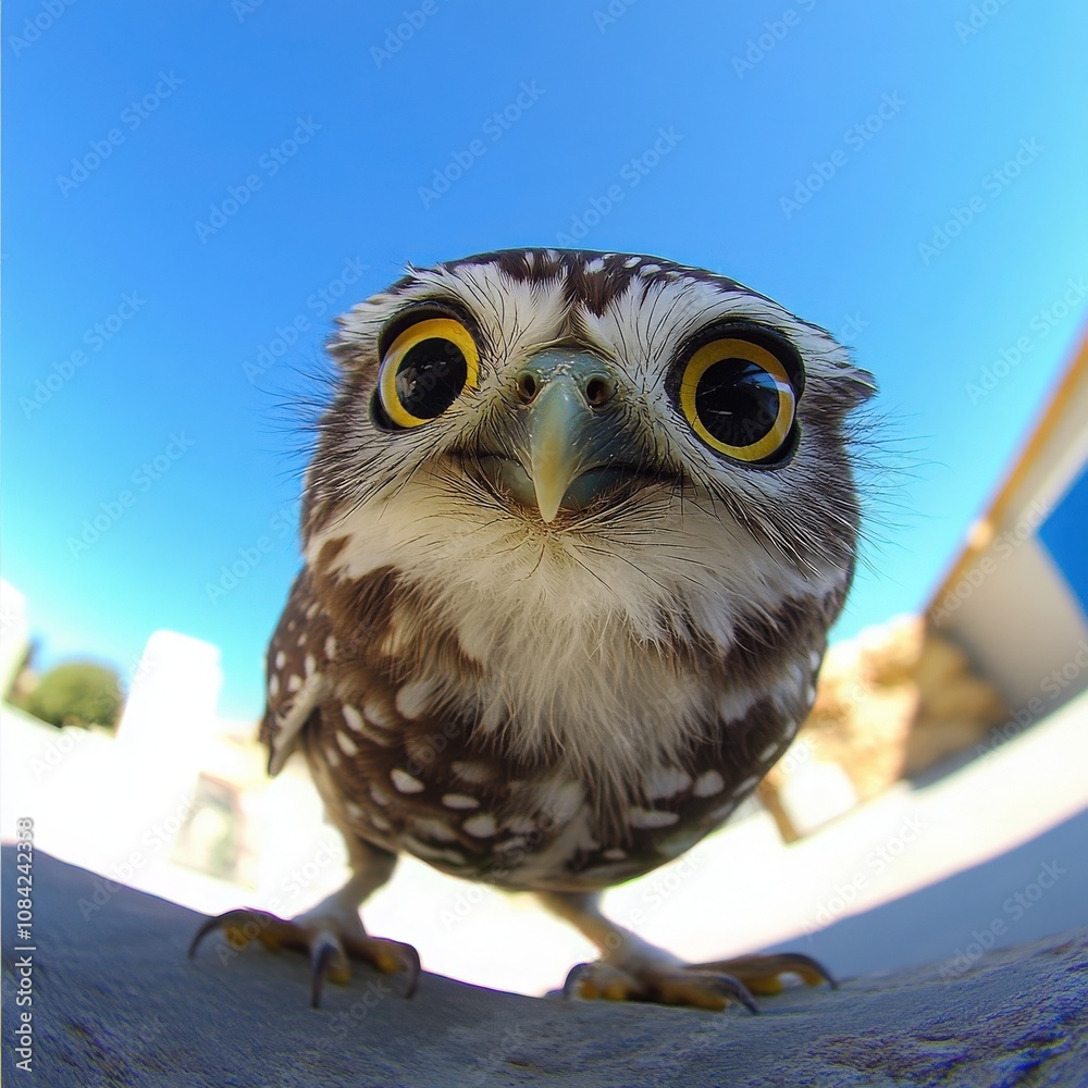 The cute little owl appears curious and friendly as it explores its surroundings under a clear blue sky. Its vibrant eyes capture the joy of a peaceful moment in nature.