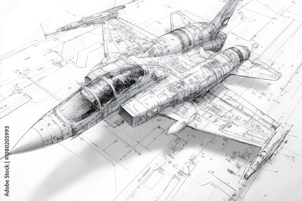 The detailed technical sketch depicts a fighter jet with various components labeled, highlighting design elements and engineering specifications in a clear layout, ideal for aerospace enthusiasts.