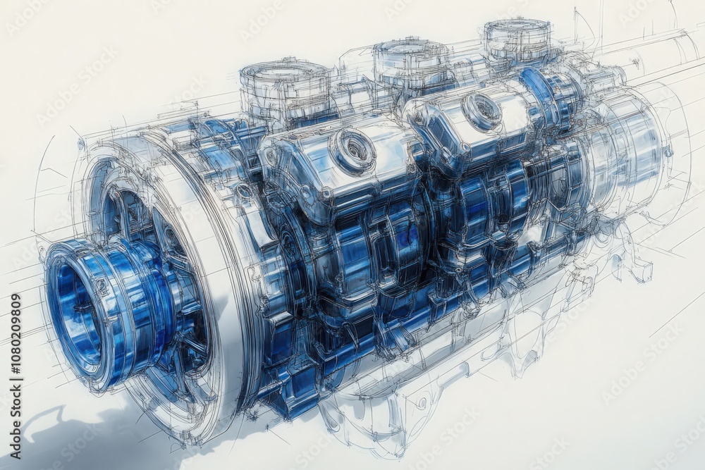 The detailed technical sketch illustrates a complex automobile engine design showcasing multiple cylinders, intricate components, and advanced engineering features aimed at performance enhancement.