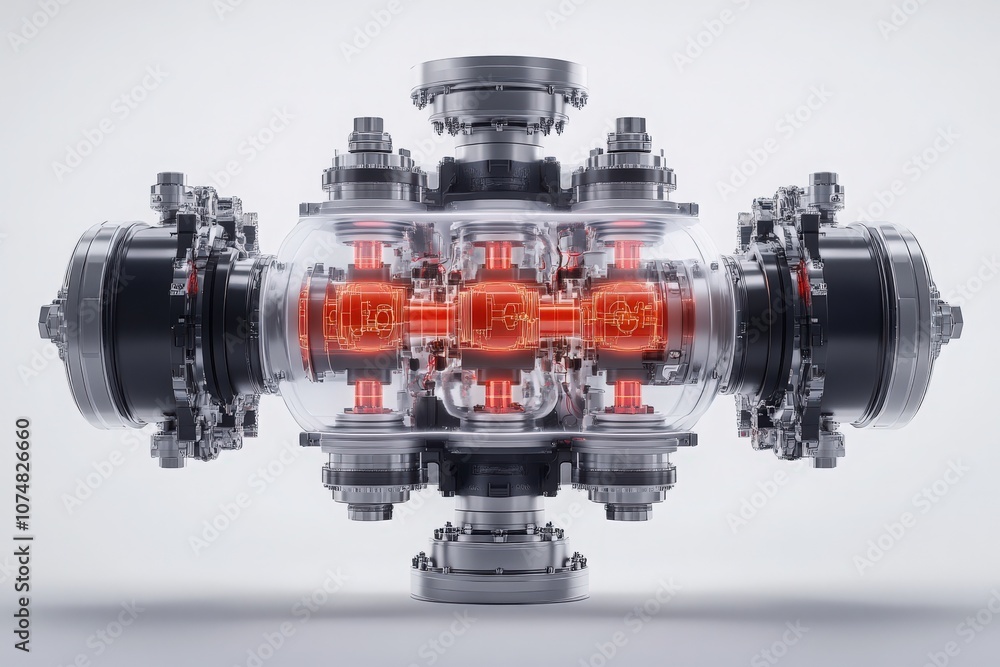The diagnostic tool features a transparent casing revealing intricate internal components and illuminated parts, suitable for analyzing engine performance in a focused workspace.