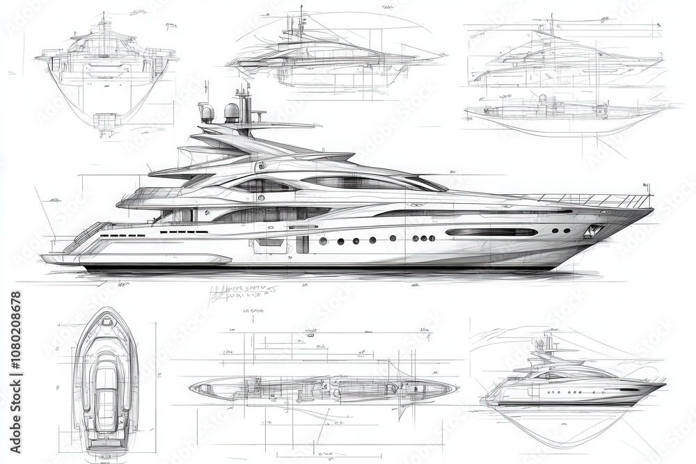 The drawing illustrates a detailed technical sketch of a luxury yacht, highlighting its elegant features and intricate design elements from multiple perspectives.