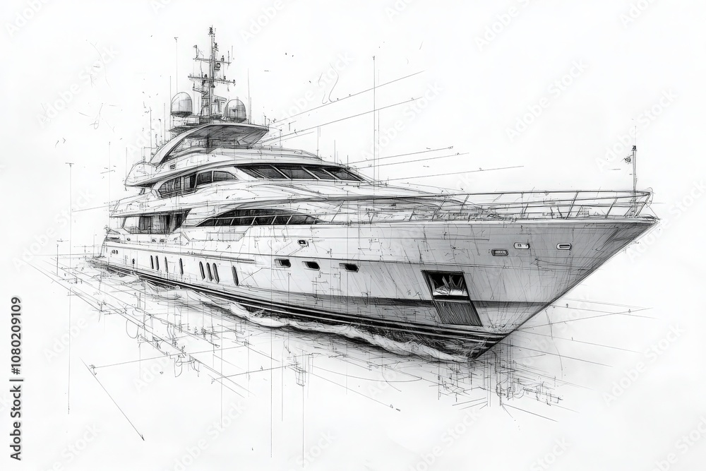 The drawing presents a detailed technical sketch of a luxury yacht, highlighting its intricate design and architectural elements. The representation emphasizes both aesthetic and functional aspects.