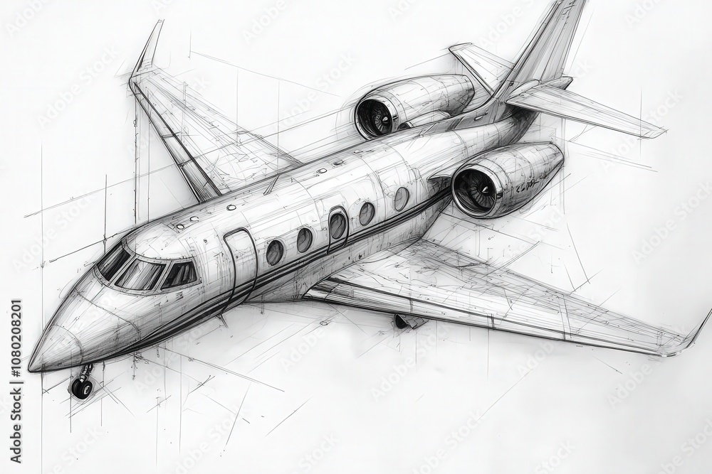 The drawing presents a detailed technical sketch of a private jet, highlighting its aerodynamic design, engine placement, and spacious cabin concept.