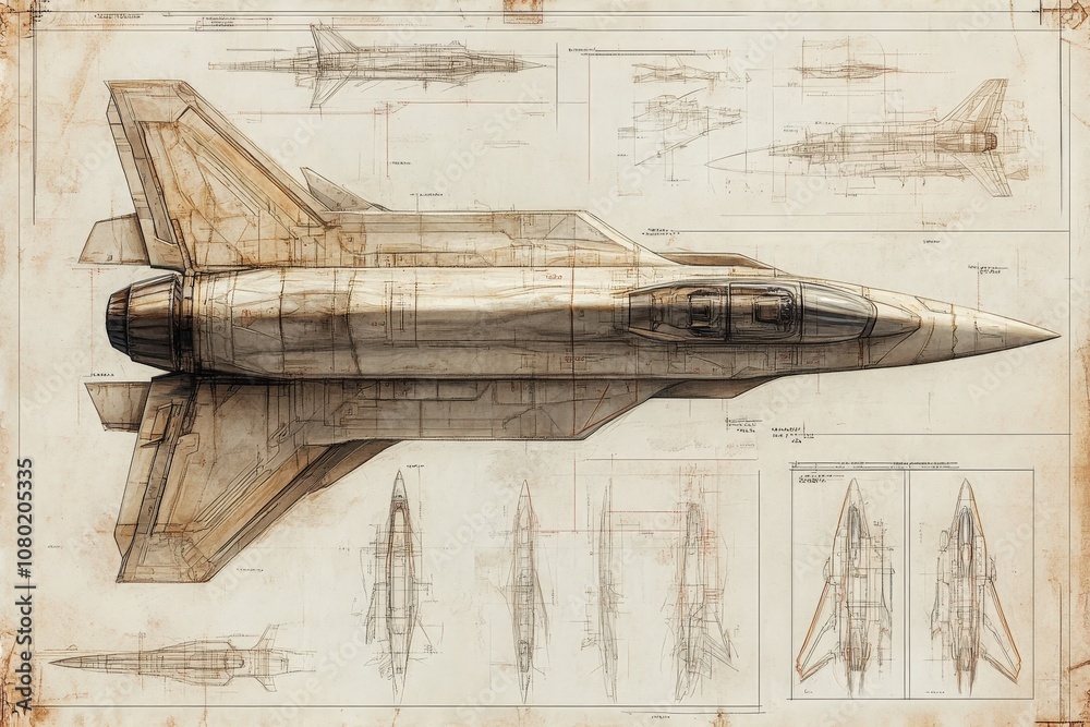 The drawing presents a jet fighters technical sketch, highlighting design specifications, dimensions, and structural elements. Various angles of the aircraft are included for reference.