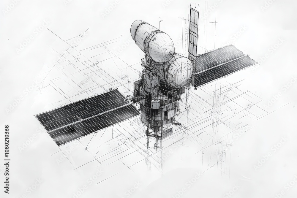 The drawing showcases a complex communications satellite featuring solar panels and intricate structural elements, illustrating the advanced technology required for modern space communications.