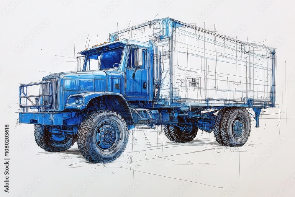 The drawing showcases a detailed technical sketch of a delivery truck featuring a robust design, highlighted in blue and white. This sketch emphasizes its rugged features and functionality.