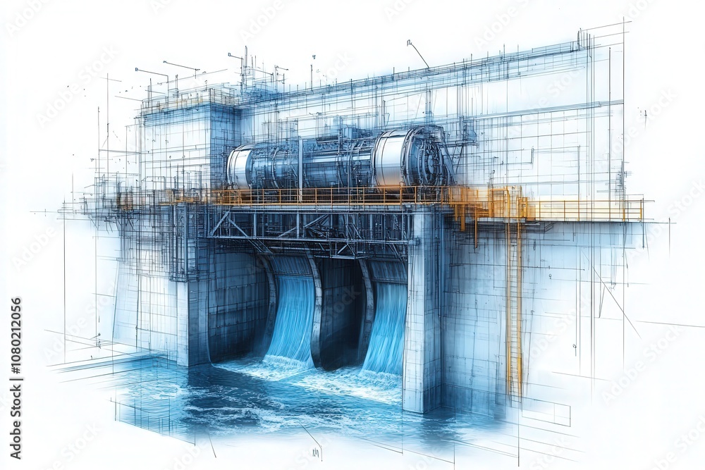 The drawing showcases a hydroelectric dam with a detailed design that highlights water flow through turbines. The structure emphasizes functionality and engineering precision.