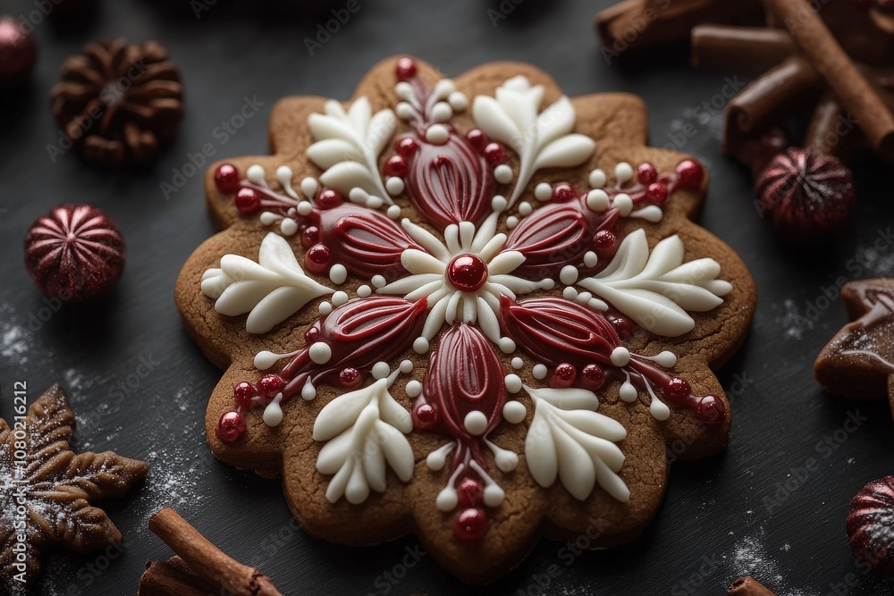The festive gingerbread cookie features intricate designs in red and white icing, surrounded by cinnamon sticks and decorative sweets. This delightful treat embodies the holiday spirit beautifully.