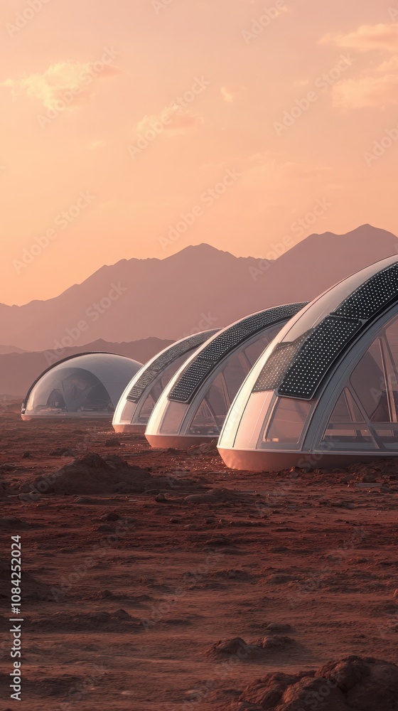 The first human settlement on Mars features futuristic domes set against a stunning sunset. The scene highlights the innovative architecture and the Martian landscape with distant mountains.