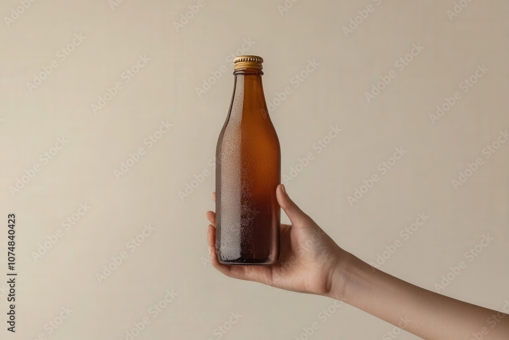 The hand presents a sweating cold brew coffee bottle, showcasing its refreshing appearance against a warm beige backdrop, ideal for advertising or product design purposes.