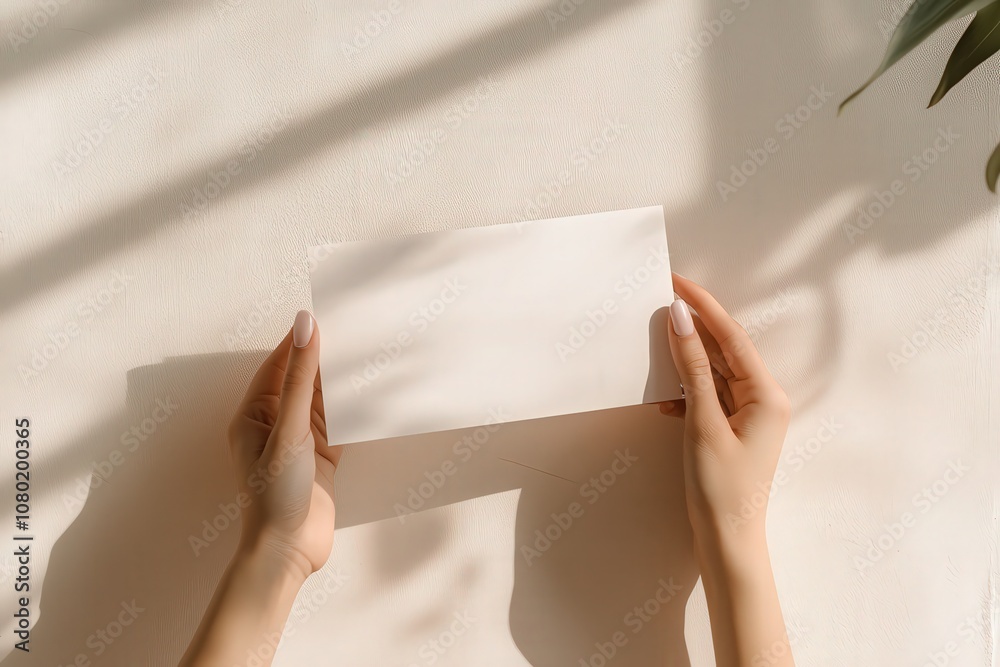 The hands gently grasp a blank postcard mockup, illuminated by natural light, showcasing a soft beige color against a textured background. A serene ambiance enhances the focus on the card.