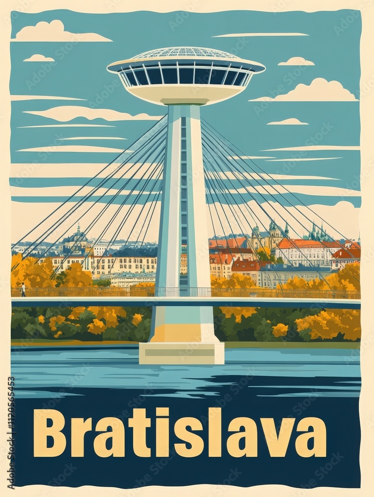The iconic UFO Bridge stands tall above the Danube River, linking vibrant city life and stunning architecture, with a picturesque view of Bratislavas skyline during a clear day.