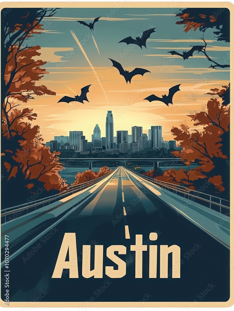 The illustration captures a scenic view of Austins skyline under a warm sunset, framed by autumn trees and flying bats. A winding road leads toward the city, evoking a sense of adventure.