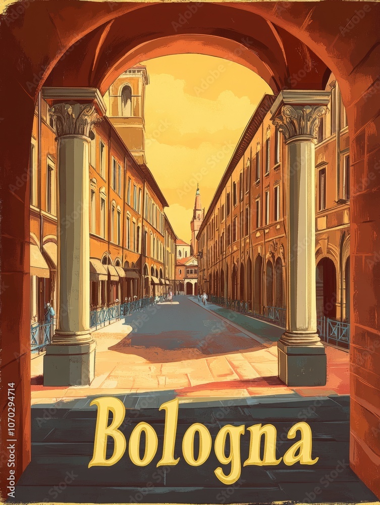The illustration showcases Bolognas historic architecture bathed in warm light, inviting travelers to explore its rich culture and stunning streets adorned with elegant columns and buildings.
