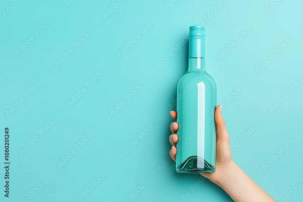 The image features a hand gracefully holding a mockup wine bottle, showcasing its elegant shape against a soft pastel blue backdrop, perfect for branding and marketing ideas.