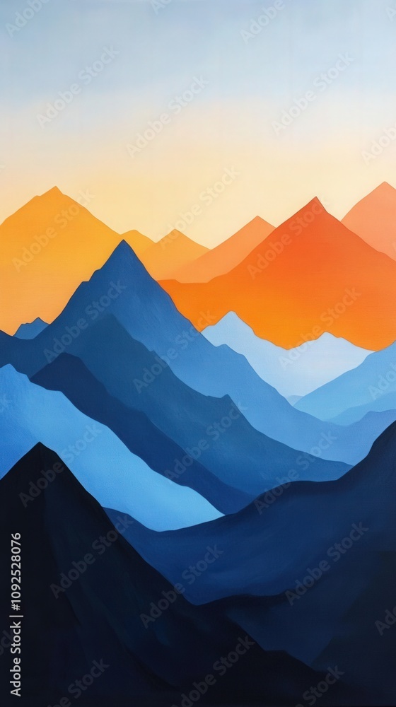 The image showcases a stunning mountain landscape at sunset, featuring vibrant hues of orange, blue, and purple. Layered peaks create a serene and dramatic atmosphere.