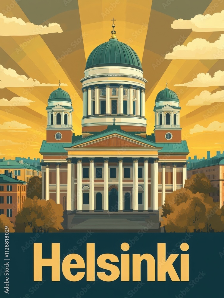 The impressive Helsinki Cathedral stands prominently against a backdrop of striking sunset colors. Its green domes and grand fa?ade draw attention, highlighting the architectural beauty of the city.