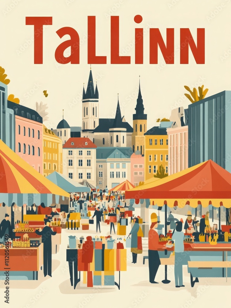 The lively marketplace in Tallinn features numerous stalls, shoppers, and vendors amidst charming historic architecture. Bright colors and festive energy create an inviting atmosphere for all.