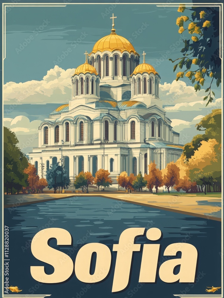 The majestic cathedral in Sofia stands tall with its golden domes under a clear blue sky, surrounded by lush trees and a calm water body reflecting its beauty. Visitors admire the architecture.