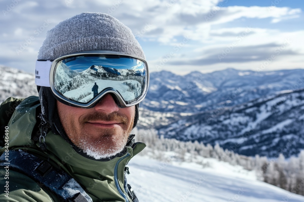 The man, dressed warmly, stands on a snowy slope, wearing silver ski goggles. The stunning mountain view surrounds him with snow-covered peaks and a bright sky, highlighting a perfect day outdoors.