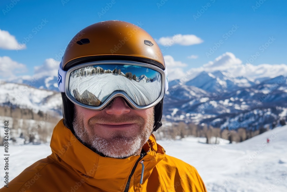 The man is smiling while wearing silver ski goggles and an orange helmet, surrounded by a stunning snowy landscape. The sunny day enhances the beauty of the mountains in the background.